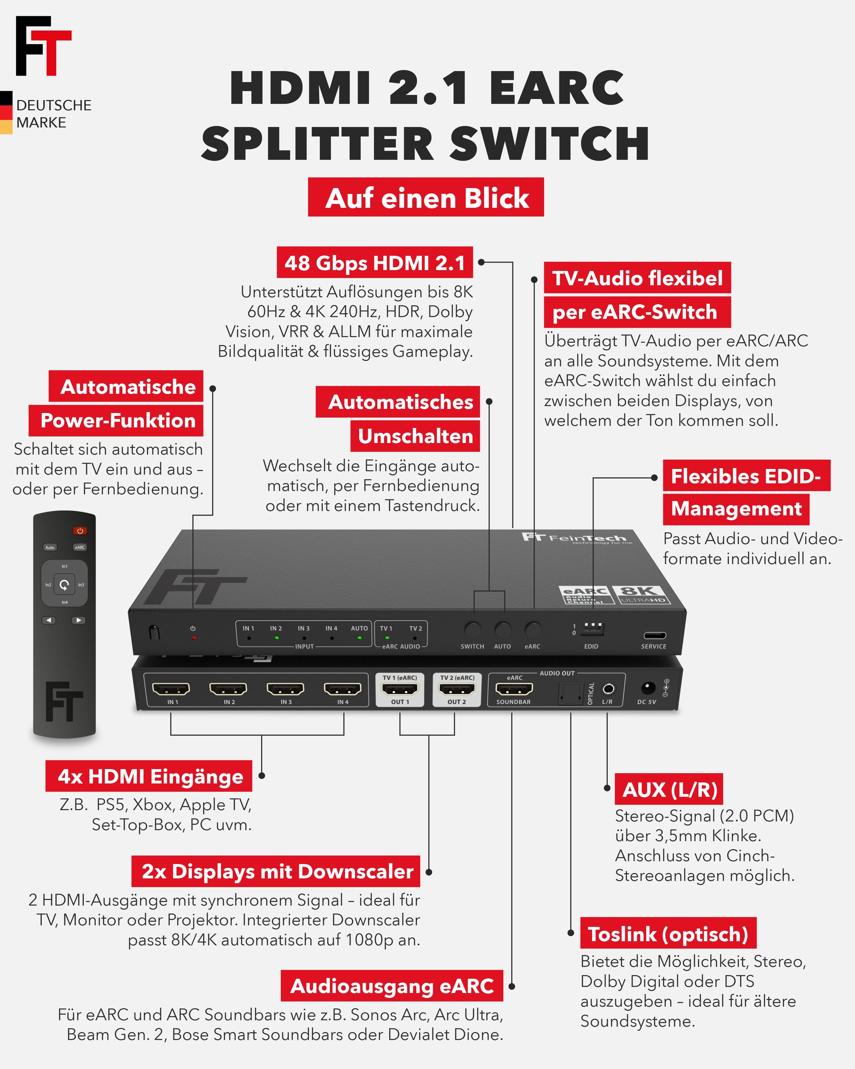 feintech-ax-ax341-hdmi-switch-4x2-8k-earc-soundbar image 7
