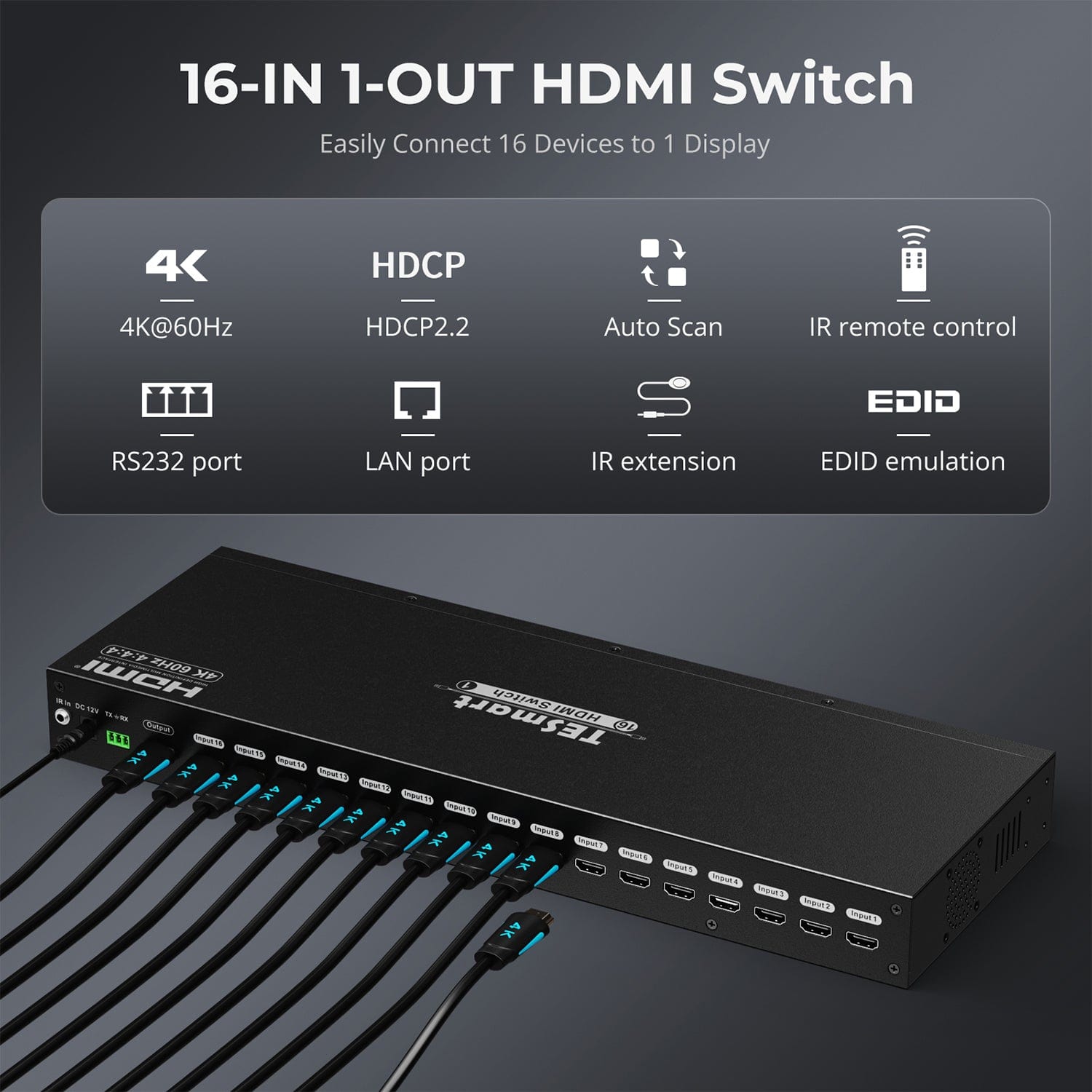 tesmart-prime-16-port-hdmi-switch-4k60hz-16-in-1-out-mit-lan image 3