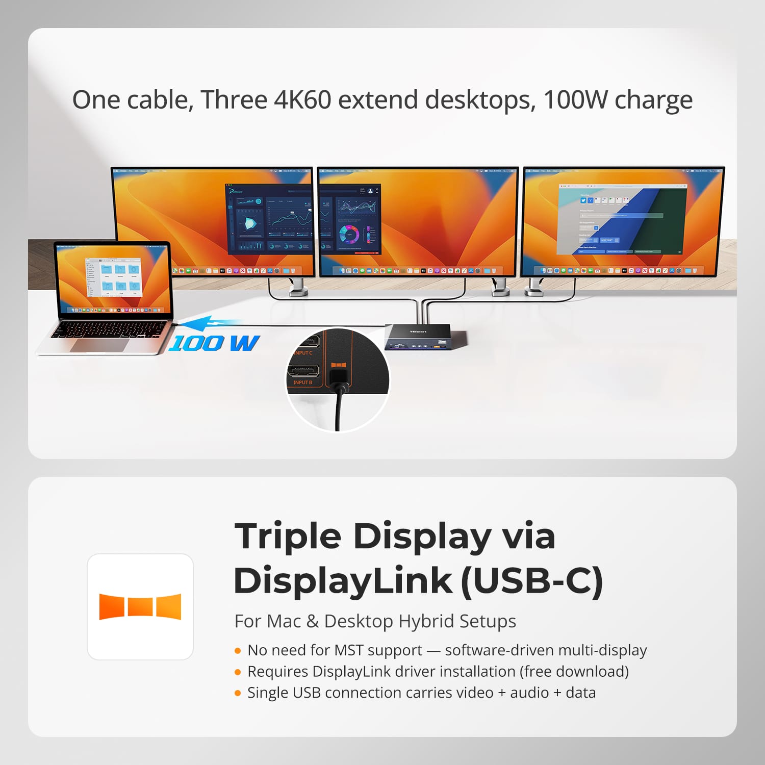 tesmart-xtreme-triple-dockingstation-usb-c-kvm-4k60hz-100w-mac image 3